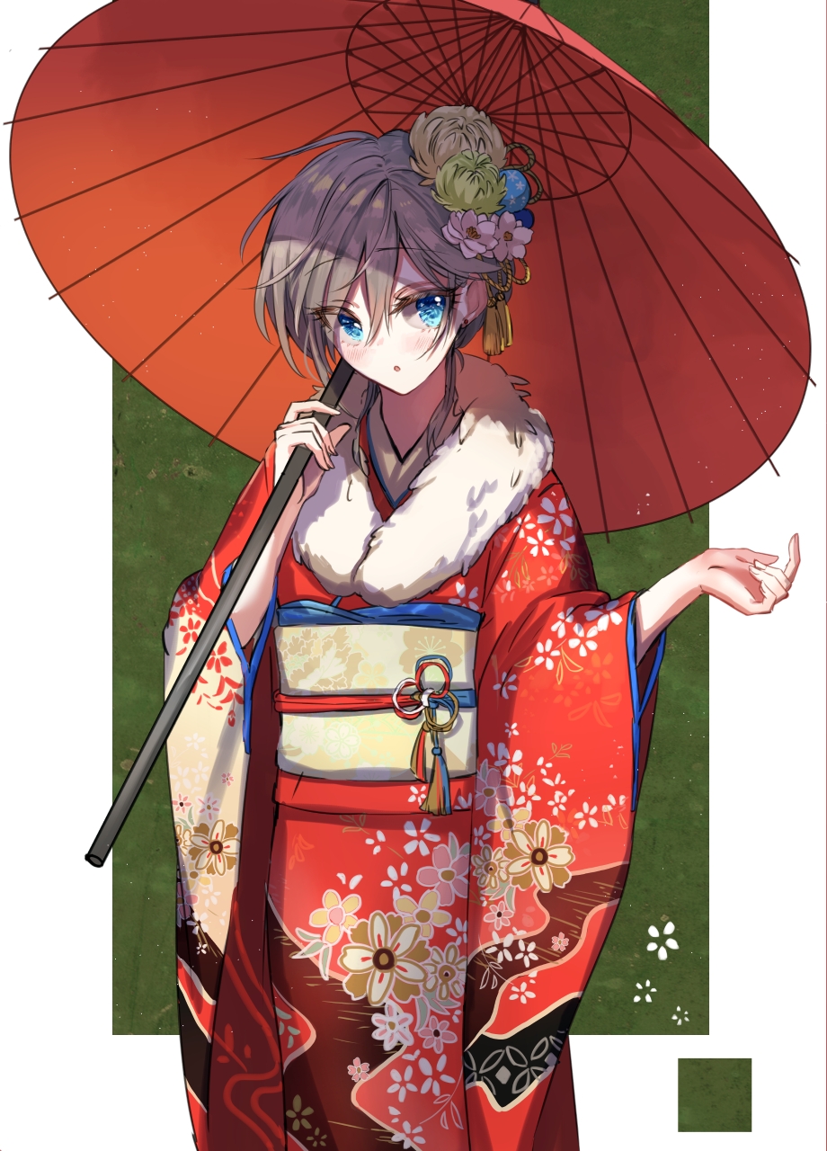 1girl :o alternate_costume anastasia_(idolmaster) blue_eyes border flower fur-trimmed_kimono fur_trim grey_hair hair_between_eyes hair_flower hair_ornament highres idolmaster idolmaster_cinderella_girls idolmaster_cinderella_girls_starlight_stage japanese_clothes kimono looking_at_viewer obi oriental_umbrella outside_border rum_raisin_(chihiromakita19) sash short_hair solo umbrella white_border wide_sleeves