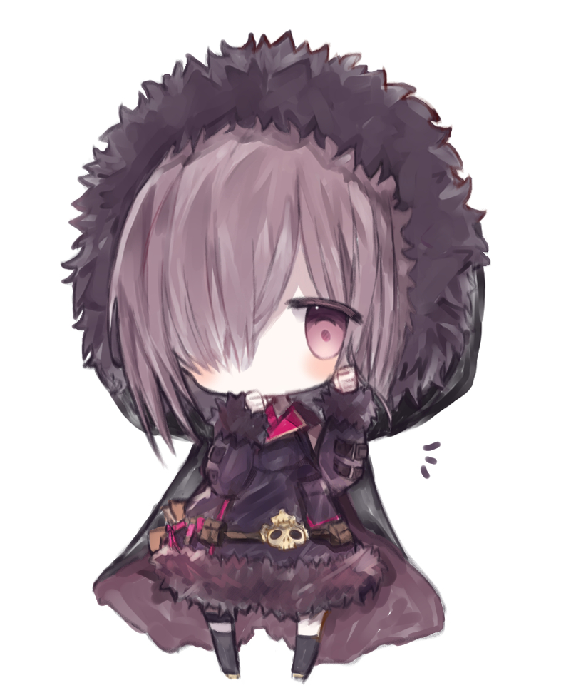 1girl bangs black_cape black_dress black_legwear blush brown_cape brown_hair cape chibi commentary_request cottontailtokki dress fur-trimmed_dress fur-trimmed_hood fur-trimmed_sleeves fur_trim hair_over_one_eye hands_up hood hooded_cape kneehighs multicolored multicolored_cape multicolored_clothes red_eyes shadowverse shingeki_no_bahamut simple_background skull solo standing white_background wizardess_of_oz