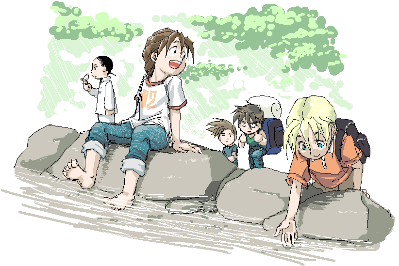 5boys aqua_eyes backpack bag barefoot bird bird_on_hand black_hair blonde_hair blue_eyes blue_shirt chang_wufei denim duo_maxwell green_tank_top gundam gundam_wing heero_yuy jeans kneeling long_hair male_focus multiple_boys namesake odamaki_(260574) outdoors pants ponytail quatre_raberba_winner rock shirt short_hair short_sleeves smile standing tank_top tree trowa_barton water