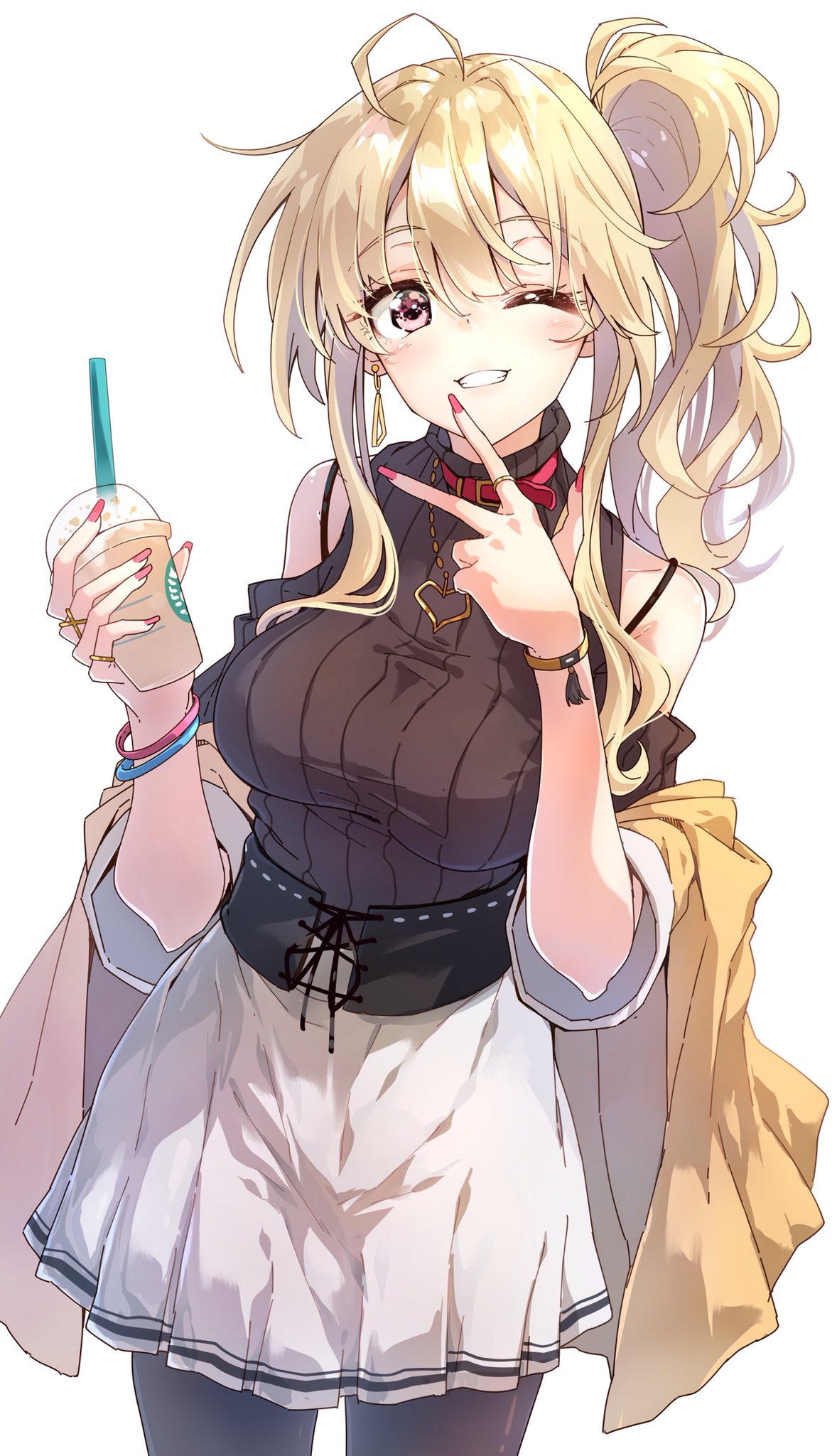 1girl bangs black_legwear blonde_hair bracelet breasts commentary cup darjeeling_(reley) disposable_cup drinking_straw earrings english_commentary eyebrows_visible_through_hair grin hair_between_eyes heart heart_necklace highres jewelry large_breasts long_hair looking_at_viewer neck_belt necklace one_eye_closed original pantyhose pink_eyes pink_nails ribbed_shirt ring shirt side_ponytail simple_background skirt sleeveless sleeveless_shirt smile solo w white_background white_skirt