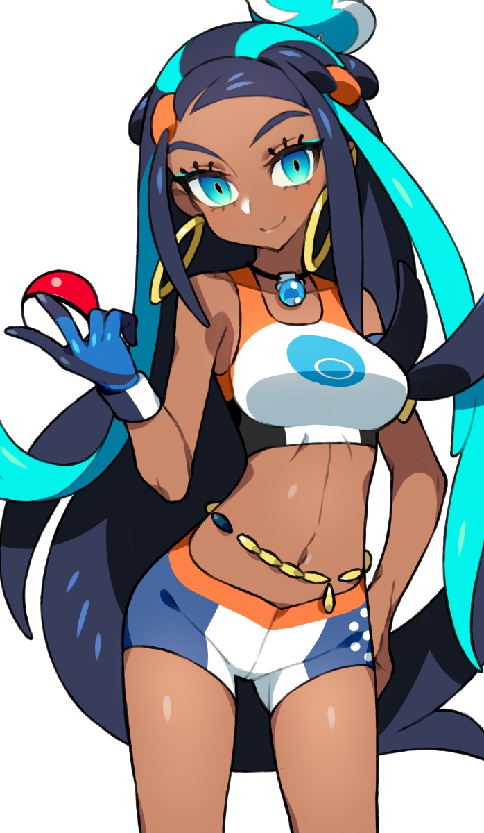 1girl aqua_eyes aqua_hair bike_shorts blue_gloves blue_hair commentary_request dark_skin earrings gloves hair_bun hand_on_hip highres holding holding_poke_ball hoop_earrings itsumo_nokoru jewelry long_hair looking_at_viewer midriff multicolored_hair navel poke_ball poke_ball_(generic) pokemon pokemon_(game) pokemon_swsh rurina_(pokemon) simple_background smile solo sports_bra sportswear standing two-tone_hair very_long_hair white_background