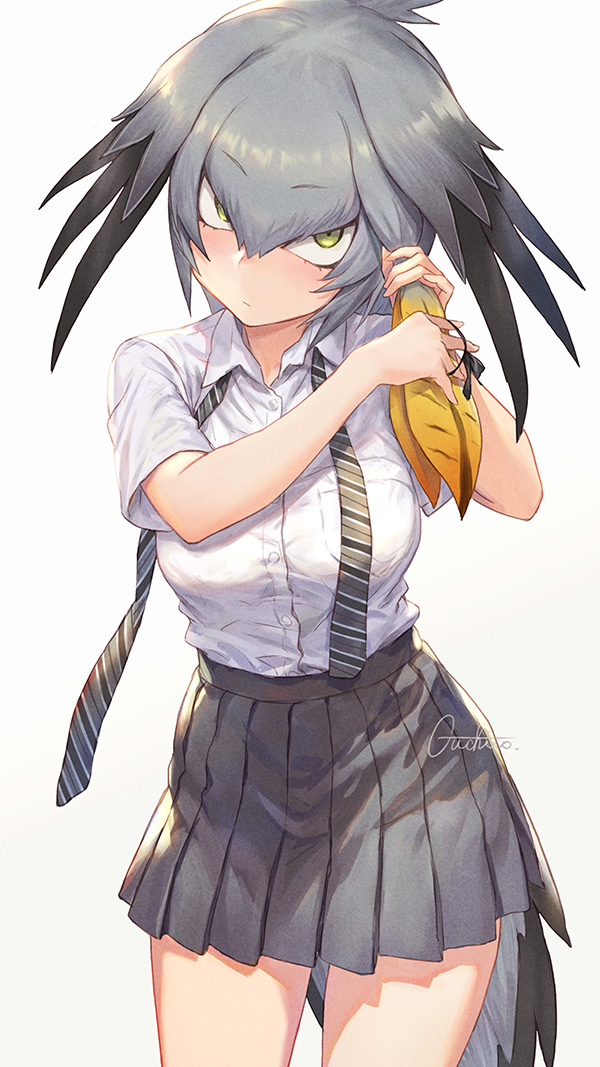 1girl adjusting_hair bangs bird_tail bird_wings blush breast_pocket breasts closed_mouth collared_shirt commentary_request eyebrows_visible_through_hair green_eyes grey_hair grey_skirt guchico hair_between_eyes kemono_friends looking_at_viewer low_ponytail multicolored_hair necktie pleated_skirt pocket ponytail shirt shoebill_(kemono_friends) short_sleeves side_ponytail signature simple_background skirt solo white_shirt wings