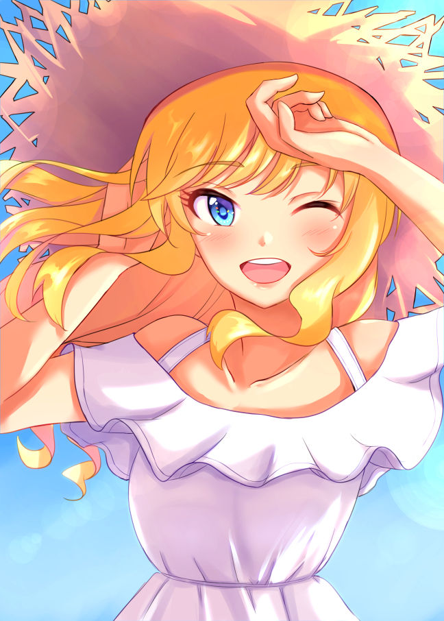 1girl bare_arms bare_shoulders blonde_hair blue_eyes blush breasts collarbone commentary_request dress eyebrows_visible_through_hair hat idolmaster idolmaster_cinderella_girls idolmaster_cinderella_girls_starlight_stage long_hair looking_at_viewer medium_breasts namidako one_eye_closed ootsuki_yui open_mouth outdoors smile solo sun_hat wavy_hair white_dress