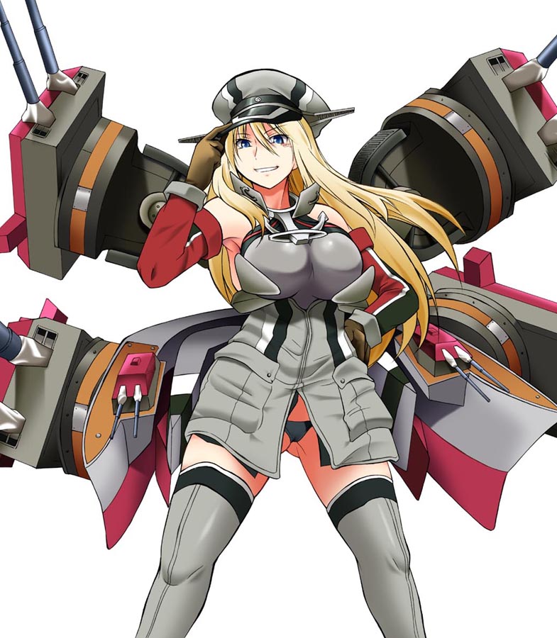 1girl anchor angeldust ass_visible_through_thighs bare_shoulders bismarck_(kantai_collection) black_panties blonde_hair blue_eyes breasts brown_gloves cannon detached_sleeves gloves grey_headwear grey_jacket grey_legwear hat jacket kantai_collection large_breasts long_hair military military_uniform panties peaked_cap rigging simple_background solo standing thigh-highs turret underwear uniform white_background