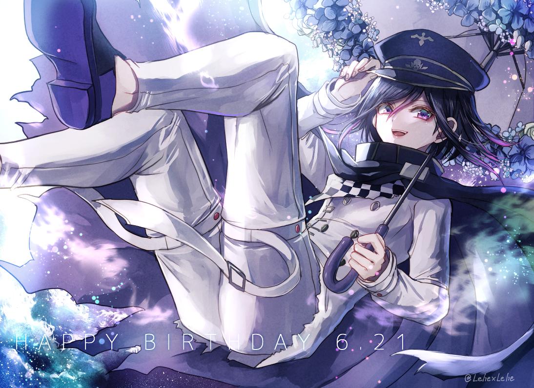 1boy artist_name black_footwear black_hair black_headwear blue_flower cape checkered checkered_scarf commentary_request dangan_ronpa dated eyebrows_visible_through_hair flower happy_birthday hat jacket long_sleeves looking_at_viewer male_focus new_dangan_ronpa_v3 ouma_kokichi pants purple_hair scarf short_hair smile solo straitjacket torn_clothes twitter_username umbrella violet_eyes z-epto_(chat-noir86)