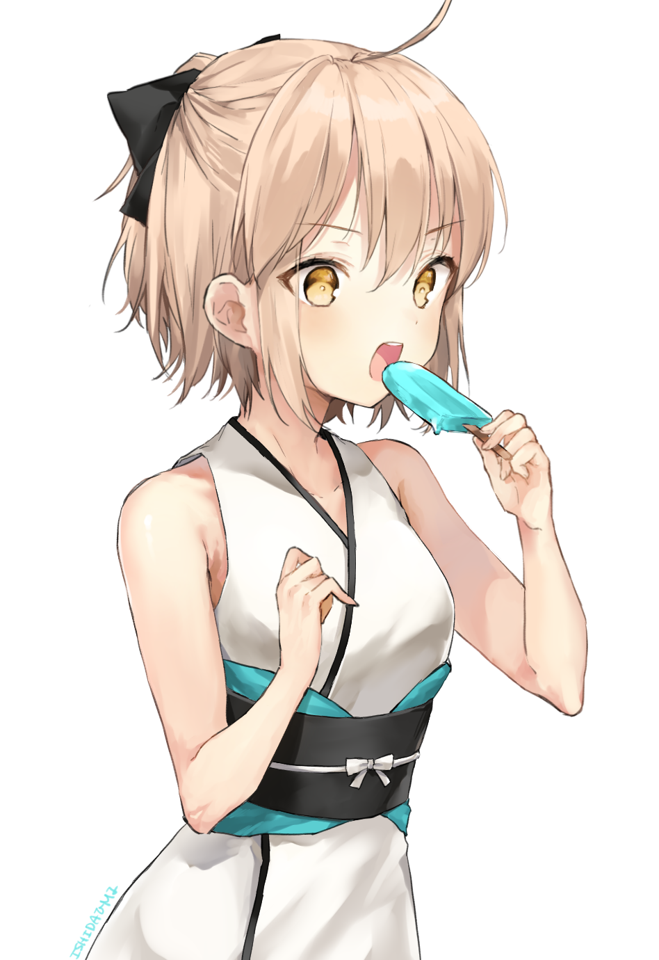 1girl ahoge artist_name bangs bare_shoulders blonde_hair commentary_request eating eyebrows_visible_through_hair eyes_visible_through_hair fate/grand_order fate_(series) food hair_between_eyes hair_ribbon half_updo highres ice_cream ishita_umi japanese_clothes obi okita_souji_(fate) okita_souji_(fate)_(all) open_mouth popsicle ribbon sash short_hair sidelocks simple_background sleeveless solo white_background yellow_eyes