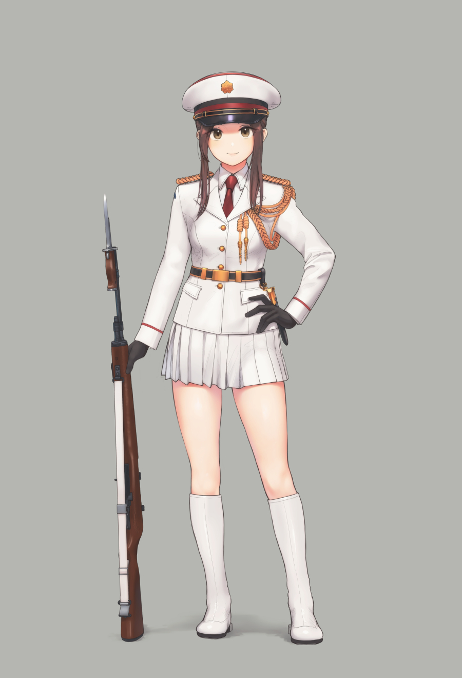 1girl aiguillette bayonet belt belt_buckle black_gloves boots brown_eyes brown_hair buckle buttons closed_mouth collared_shirt commentary_request full_body genso gloves grey_background gun hand_on_hip hat highres jacket knee_boots lapel long_hair long_sleeves looking_at_viewer military military_hat military_uniform miniskirt necktie original peaked_cap pleated_skirt rifle shirt sidelocks simple_background skirt smile solo standing uniform weapon weapon_request white_footwear white_jacket white_skirt