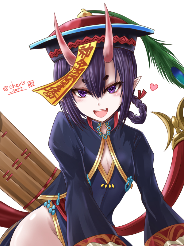 1girl :d alternate_costume alternate_hairstyle braid chinese_clothes cleavage_cutout fate/grand_order fate_(series) flat_chest hat haura_akitoshi heart horns jiangshi ofuda oni open_mouth short_eyebrows shuten_douji_(fate/grand_order) simple_background smile solo twitter_username white_background