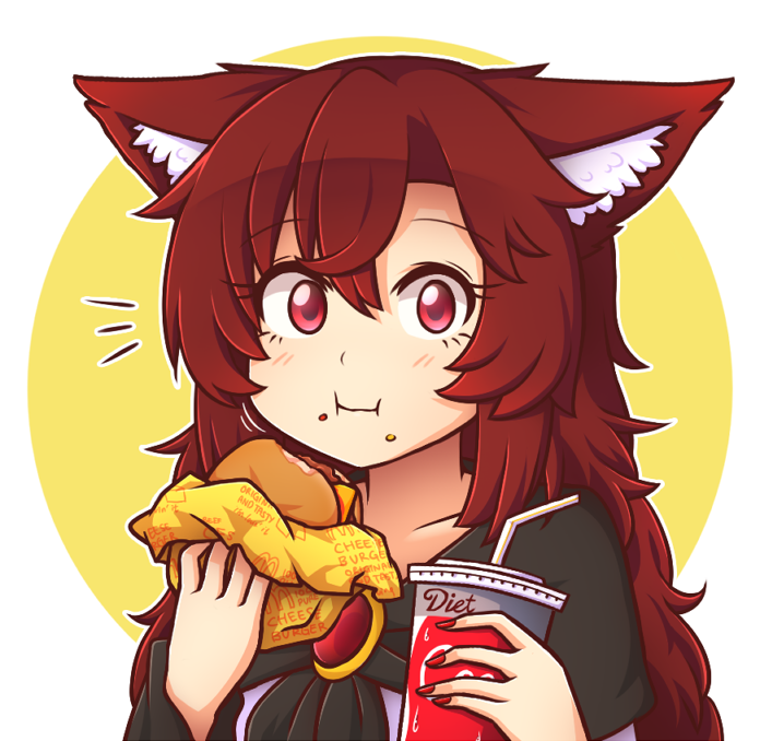 1girl :t animal_ear_fluff animal_ears bangs blush brooch brown_hair circle collarbone commentary_request cup disposable_cup dress drinking_straw english_commentary eyebrows_visible_through_hair eyelashes food food_on_face hair_between_eyes hamburger holding holding_cup holding_food imaizumi_kagerou jewelry long_hair long_sleeves looking_at_viewer mcdonald's nail_polish outline red_eyes red_nails simple_background smile solo touhou white_background white_dress white_outline wolf_ears wool_(miwol)