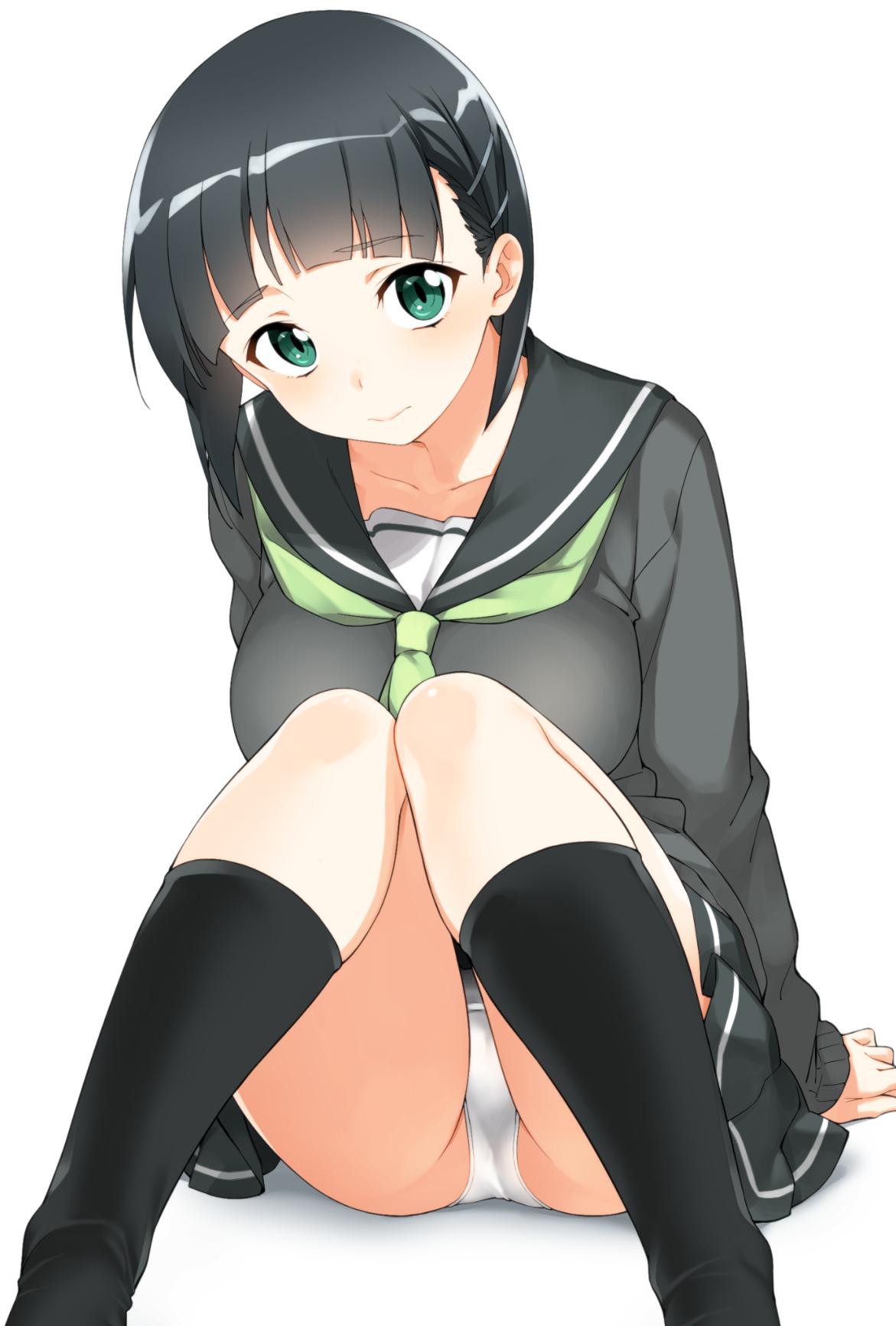 1girl bangs black_hair black_legwear black_skirt breasts collarbone eyebrows_visible_through_hair frown green_eyes hair_ornament hairclip hatakenaka_(kamagabuchi) highres kirigaya_suguha knees_together_feet_apart large_breasts long_sleeves looking_at_viewer neckerchief panties pantyshot pantyshot_(sitting) school_uniform serafuku shiny shiny_hair short_hair sitting skirt socks solo sword_art_online thighs underwear white_panties