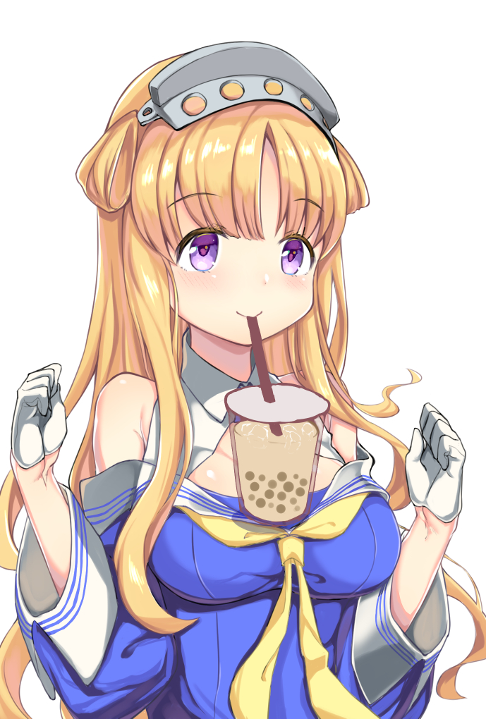 1girl blonde_hair blue_eyes blue_shirt breasts bubble_tea bubble_tea_challenge cup cyoujineko disposable_cup double_bun drinking_straw fletcher_(kantai_collection) gloves hair_ornament hairband kantai_collection large_breasts long_hair neckerchief object_on_breast off_shoulder sailor_collar school_uniform shirt simple_background smile solo star star_hair_ornament upper_body white_background white_gloves white_sailor_collar yellow_neckwear