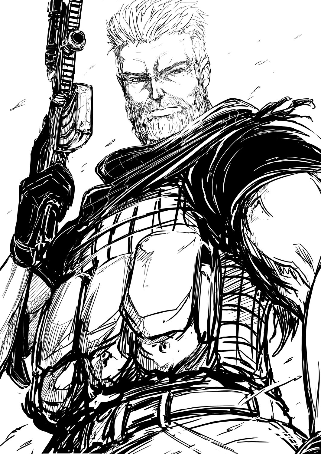 1boy beard closed_mouth commentary facial_hair fate/grand_order fate_(series) firearm gloves greyscale gun highres holding holding_weapon imizu_(nitro_unknown) male_focus military military_uniform monochrome muscle pouch rifle scarf short_sleeves simple_background sketch solo trigger_discipline uniform weapon white_background william_tell_(fate/grand_order)