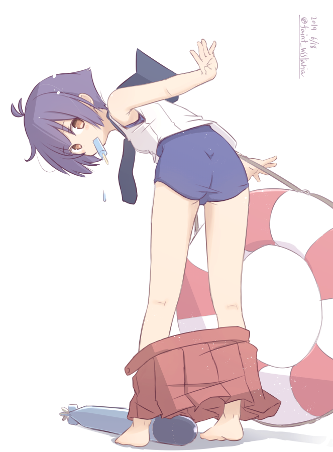 1girl barefoot black_sailor_collar commentary_request food from_behind fujisaki_yuu kantai_collection leaning_forward lifebuoy looking_at_viewer looking_back mouth_hold popsicle purple_hair red_skirt sailor_collar sakawa_(kantai_collection) school_swimsuit school_uniform serafuku short_hair si skirt skirt_removed sleeveless solo swimsuit swimsuit_under_clothes undressing violet_eyes white_background