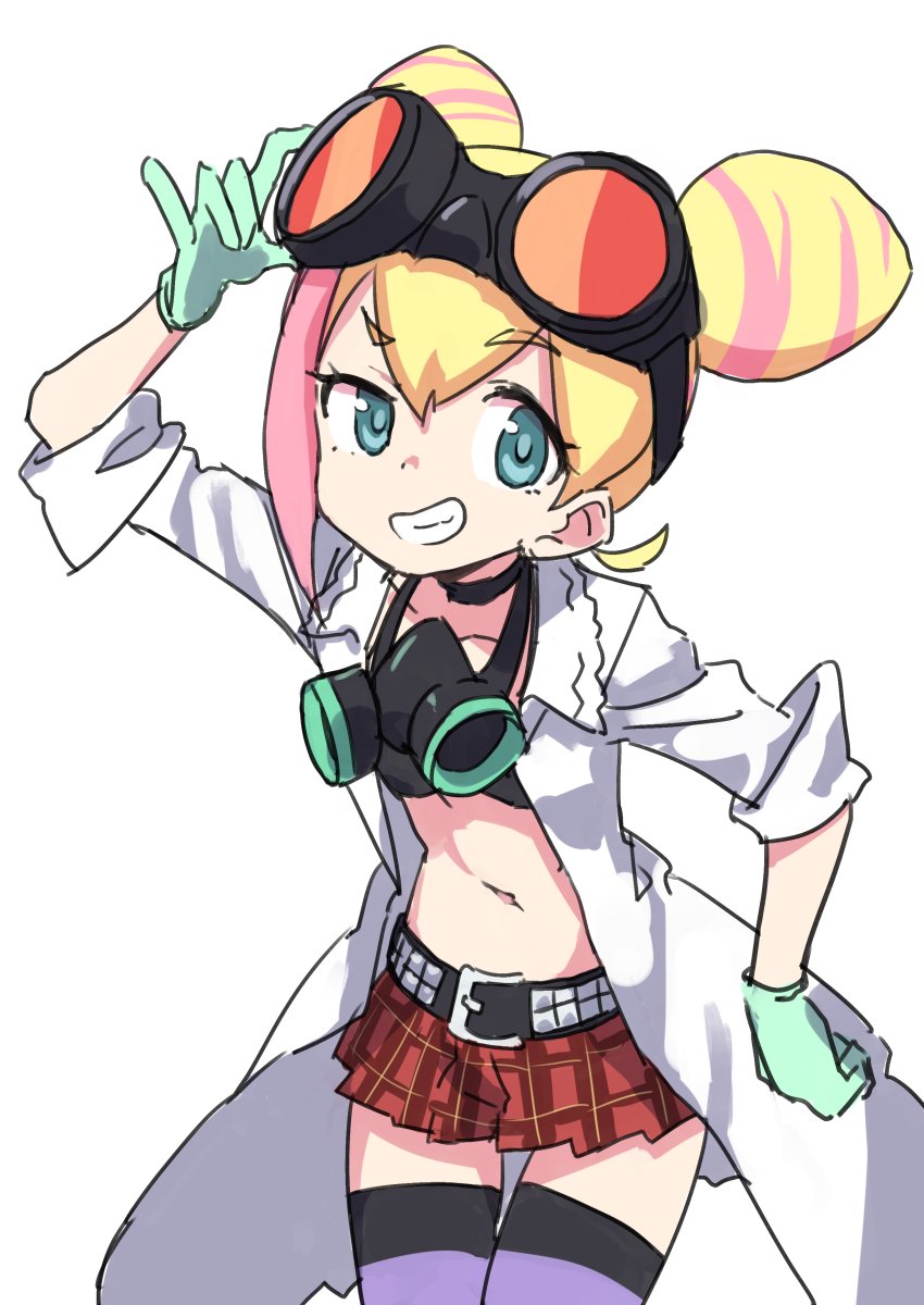 1girl bikini_top blonde_hair blue_eyes double_bun gazacy_(dai) gloves goggles highres labcoat lucia_fex multicolored_hair promare smile striped striped_legwear two-tone_hair