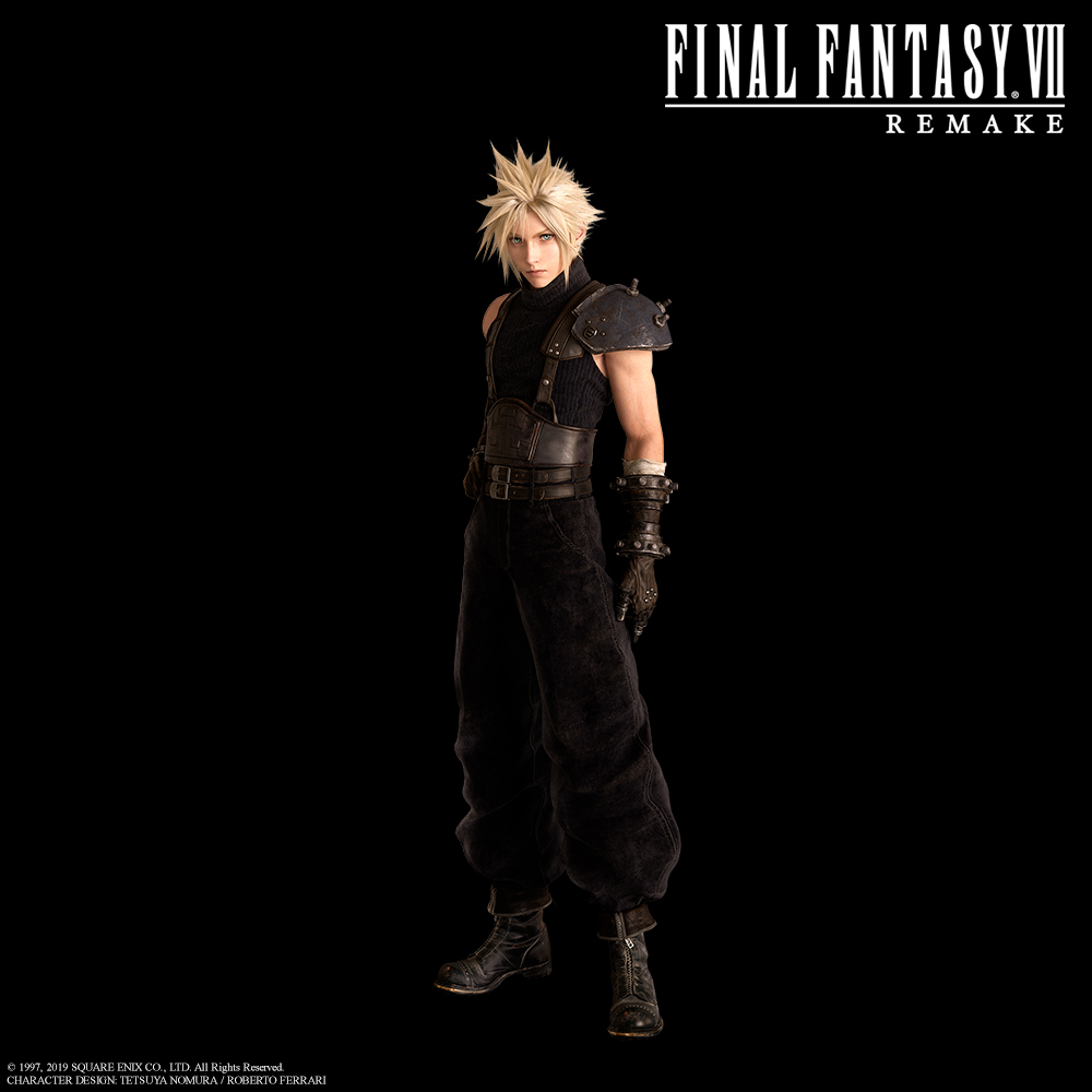 1boy 3d belt black_background black_footwear blonde_hair blue_eyes cg closed_mouth cloud_strife copyright copyright_name final_fantasy final_fantasy_vii final_fantasy_vii_remake full_body gloves looking_at_viewer male_focus official_art pauldrons shoulder_armor simple_background single_pauldron sleeveless sleeveless_turtleneck solo spiky_hair square_enix standing suspenders turtleneck