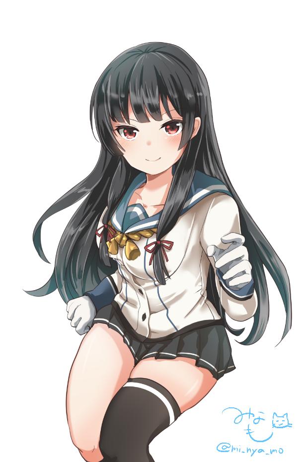 1girl asymmetrical_legwear black_hair black_skirt blue_sailor_collar commentary_request dual_wielding gloves hair_ribbon holding invisible_chair isokaze_(kantai_collection) kantai_collection long_hair long_sleeves looking_at_viewer mi_nya_mo neckerchief pleated_skirt red_eyes ribbon sailor_collar school_uniform serafuku signature simple_background single_thighhigh sitting skirt solo thigh-highs tress_ribbon twitter_username white_background white_gloves yellow_neckwear