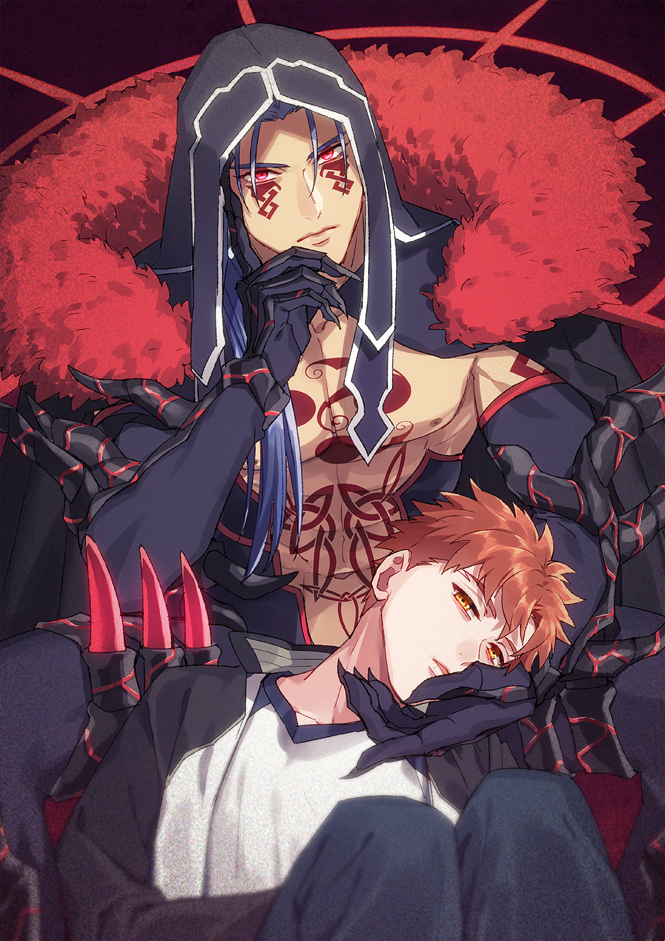 2boys abs bangs blue_hair chest_tattoo cu_chulainn_alter_(fate/grand_order) earrings emiya_shirou facial_mark facial_tattoo fate/grand_order fate/stay_night fate_(series) fur_collar gloves hand_on_another's_head hand_on_own_chin hood hood_up hoodie jewelry k_gear_labo lancer long_hair long_sleeves looking_at_viewer male_focus multiple_boys navel open_mouth orange_hair red_eyes redhead shirt simple_background siting spikes tattoo