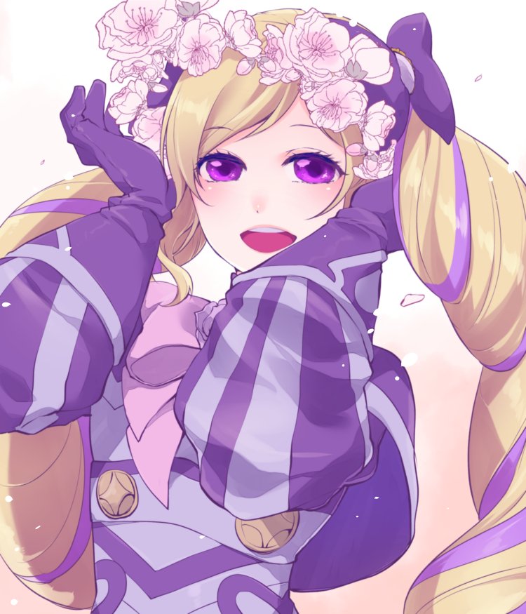 1girl :d ataka_takeru bangs blonde_hair elise_(fire_emblem_if) fire_emblem fire_emblem_if flower gloves hair_flower hair_ornament head_wreath long_hair looking_at_viewer multicolored_hair open_mouth pink_neckwear purple_capelet purple_gloves purple_hair smile solo swept_bangs two-tone_hair upper_body very_long_hair violet_eyes white_flower