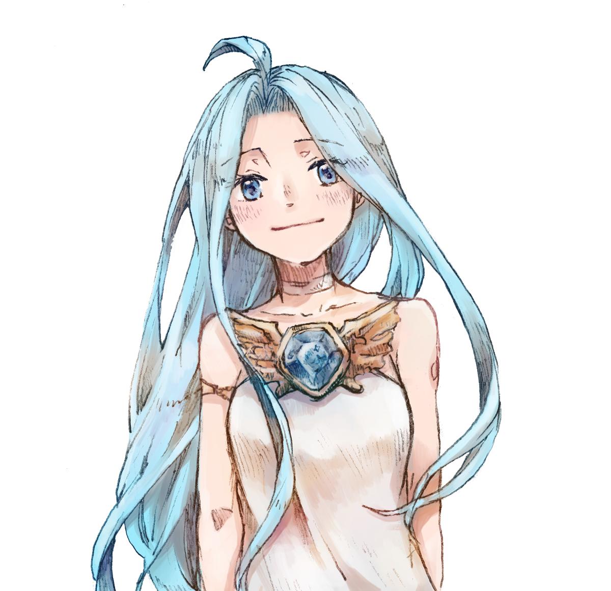 1girl ahoge blue_eyes blue_hair closed_mouth commentary_request dress granblue_fantasy light_blush long_hair looking_at_viewer lyria_(granblue_fantasy) michibata_65 simple_background smile solo very_long_hair white_background white_dress