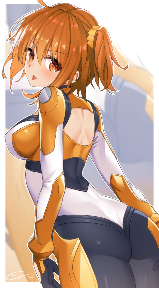 1girl ahoge ass back bangs blush bodysuit breasts chaldea_combat_uniform fate/grand_order fate_(series) fujimaru_ritsuka_(female) hair_between_eyes hair_ornament hair_scrunchie large_breasts looking_at_viewer looking_back one_side_up open_mouth orange_bodysuit orange_eyes orange_hair scrunchie short_hair shuutou_haruka side_ponytail smile solo tongue tongue_out