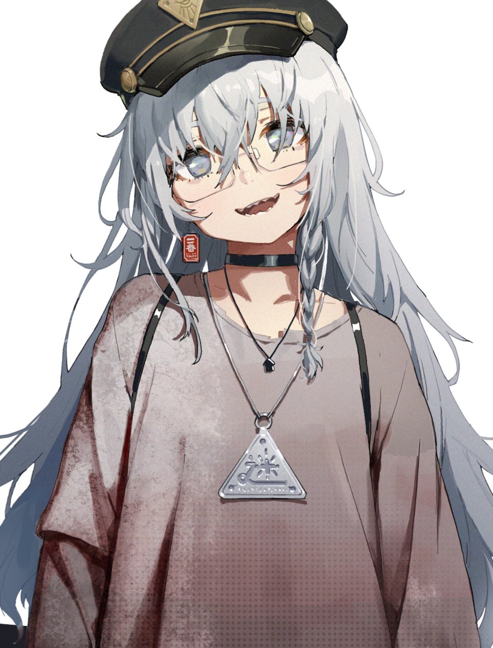 1girl braid brown_shirt choker copyright_request glasses grey_eyes grey_hair hat head_tilt highres jewelry long_hair long_sleeves looking_at_viewer loose_clothes loose_shirt military_hat necklace open_mouth sharp_teeth shirt single_braid smile solo teeth waterkuma