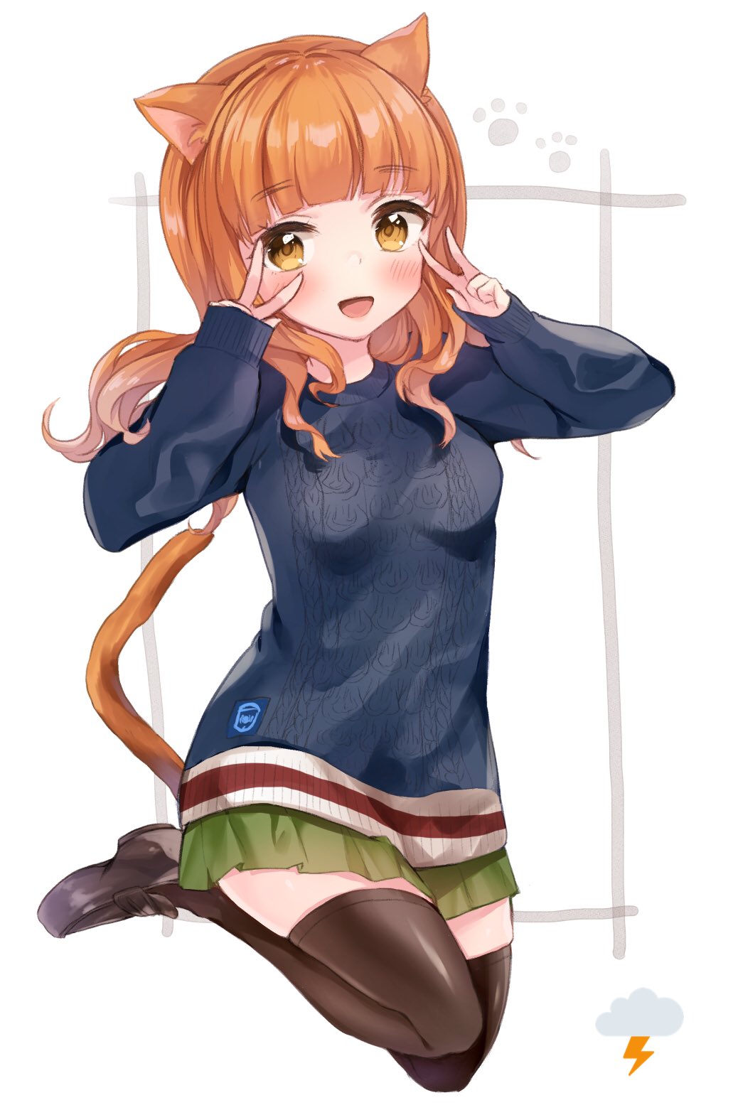 1girl animal_ears bangs black_footwear black_legwear blue_sweater blunt_bangs blush casual cat_ears cat_tail double_v eyebrows_visible_through_hair full_body girls_und_panzer green_skirt highres jumping kaminari_kinenbi kemonomimi_mode legs_up loafers long_hair long_sleeves looking_at_viewer miniskirt open_mouth orange_eyes orange_hair paw_print pleated_skirt protected_link shoes skirt smile solo sweater tail takebe_saori thigh-highs v white_background