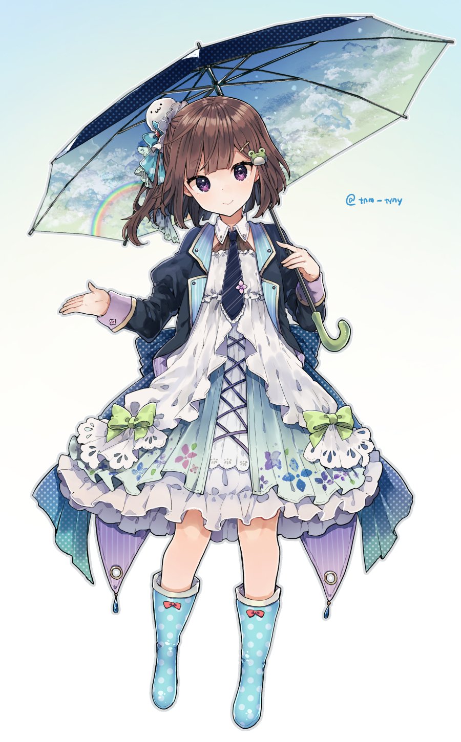 1girl bangs black_jacket blue_background blue_dress blush boots bow brown_hair closed_mouth clouds commentary dress frilled_dress frills frog_hair_ornament full_body gradient gradient_background green_bow hair_bow hair_ornament hairclip highres holding holding_umbrella ikeuchi_tanuma jacket long_sleeves original rainbow rubber_boots short_hair simple_background smile twitter_username umbrella violet_eyes