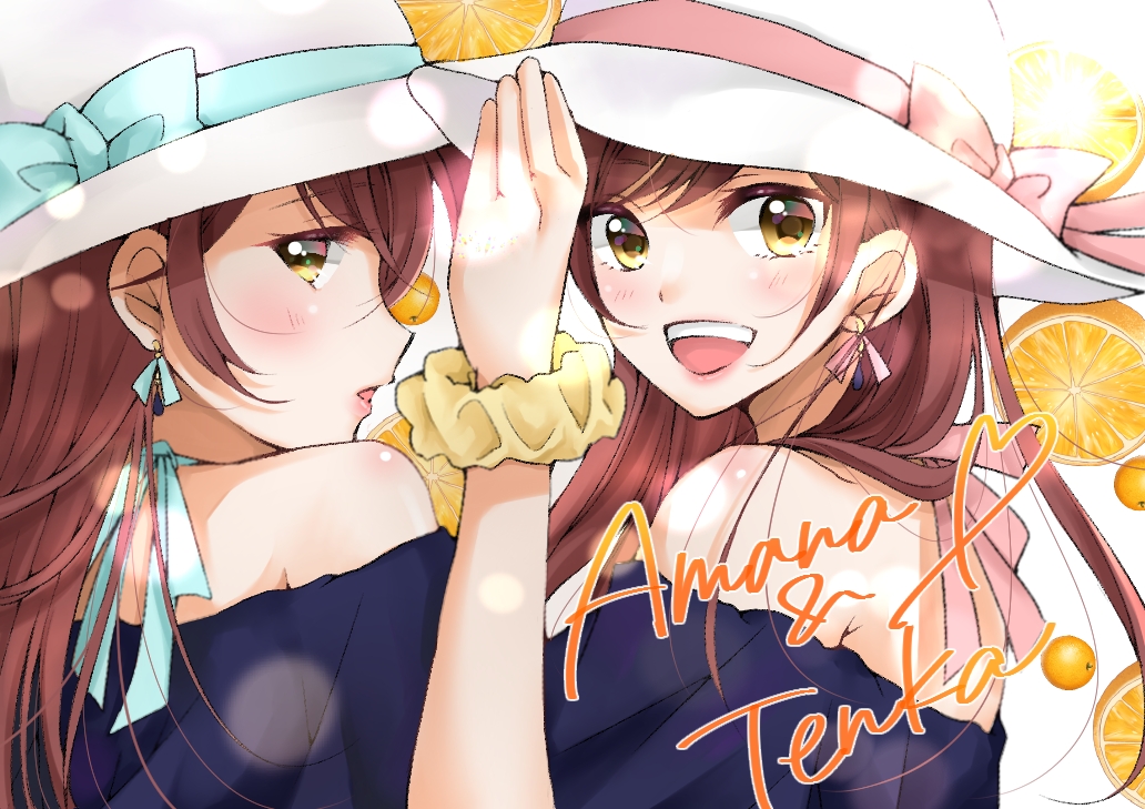 2girls :d adjusting_clothes adjusting_hat ayano_(ue083282) bare_shoulders blue_ribbon blush brown_eyes brown_hair character_name commentary_request dress earrings food fruit hat hat_ribbon heart idolmaster idolmaster_shiny_colors jewelry long_hair looking_at_viewer looking_back multiple_girls off-shoulder_dress off_shoulder oosaki_amana oosaki_tenka open_mouth orange orange_slice pink_ribbon ribbon scrunchie siblings sisters smile twins white_headwear wrist_scrunchie