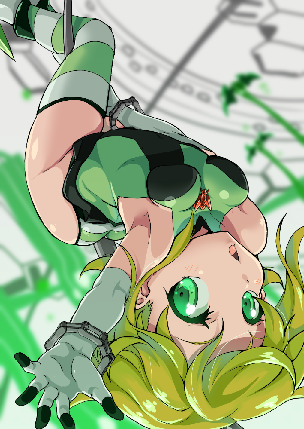 1girl aiai_(jsm) akatsuki_kirika arched_back ass bare_shoulders blonde_hair breasts commentary_request gloves green_eyes green_leotard highres leotard looking_at_viewer medium_breasts pole pole_dancing scythe senki_zesshou_symphogear shiny shiny_clothes shiny_hair shiny_skin short_hair skin_tight solo striped striped_legwear thigh-highs white_gloves