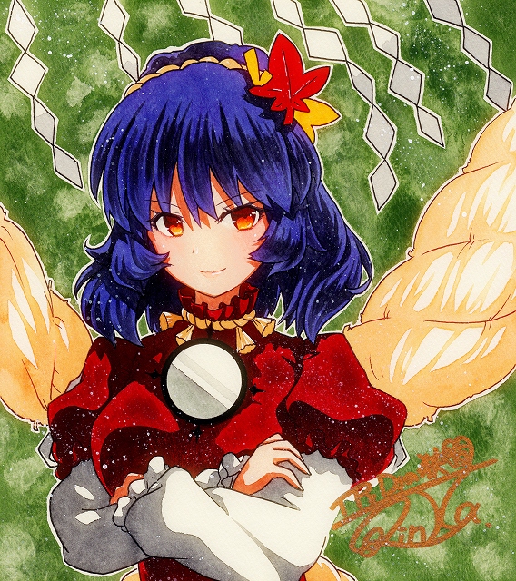 1girl commentary_request hair_leaf leaf light_smile looking_at_viewer maple_leaf mirror orange_eyes purple_hair qqqrinkappp rope shide shikishi shimenawa short_hair signature solo touhou traditional_media yasaka_kanako