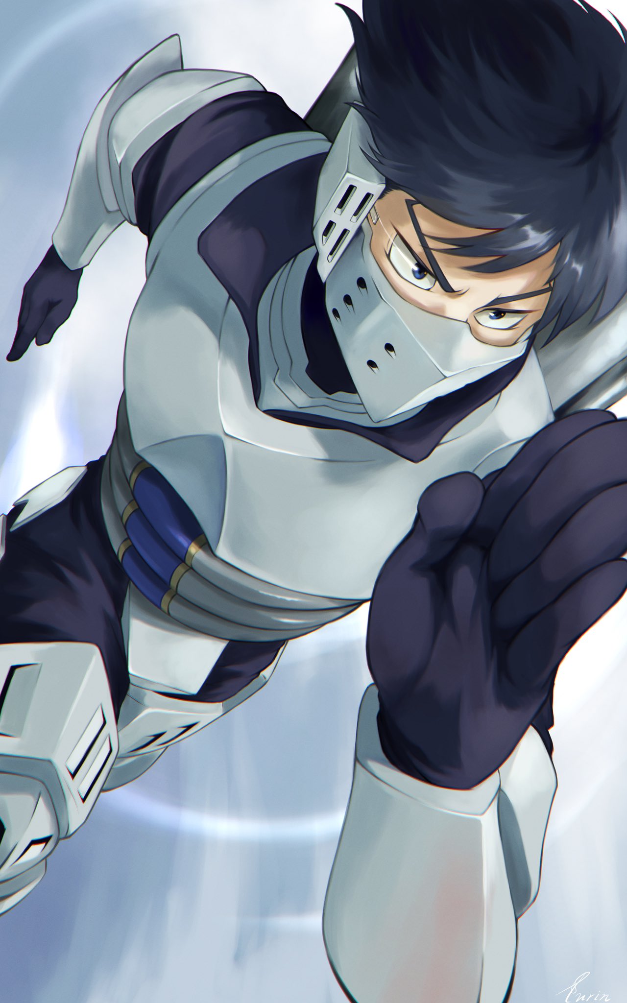 1boy armor black_hair blue_eyes boku_no_hero_academia commentary_request fengling_(furin-jp) hand_up highres iida_tenya male_focus mask mouth_mask running short_hair solo superhero