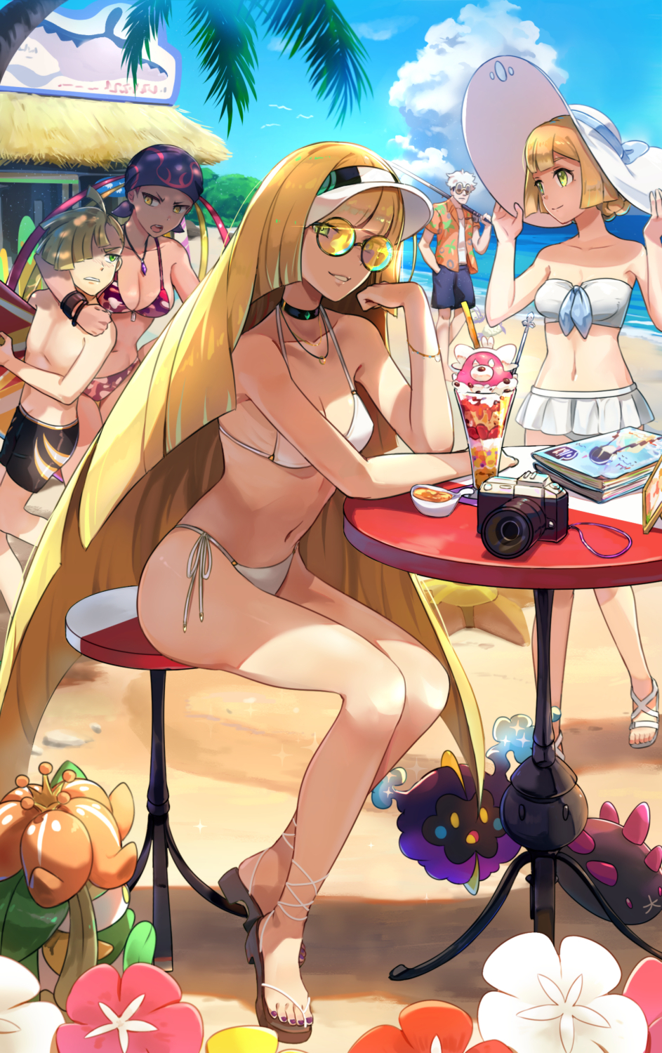 2boys 3girls ahoge bandana bare_shoulders beach bewear bikini bikini_top black_hair blonde_hair blush breasts camera camouflage camouflage_bikini choker closed_mouth clouds collarbone cosmog day drink flower gladio_(pokemon) glasses green_eyes guzma_(pokemon) hair_between_eyes hair_over_one_eye hat hat_tug hawaiian_shirt highres hsin jewelry large_breasts lillie_(pokemon) lilligant long_hair looking_at_viewer lusamine_(pokemon) male_swimwear mantine mother_and_daughter mother_and_son multicolored_hair multiple_boys multiple_girls necklace open_mouth palm_tree palm_tree_print parted_lips pink_hair plumeri_(pokemon) pokemon pokemon_(creature) pokemon_(game) pokemon_sm pyukumuku sand sandals shirt short_hair sitting sky small_breasts smile spiky_hair surfboard swimsuit swimwear teeth tree two-tone_hair very_long_hair visor_cap water white_bikini white_bikini_top white_hair white_swimsuit yellow_eyes