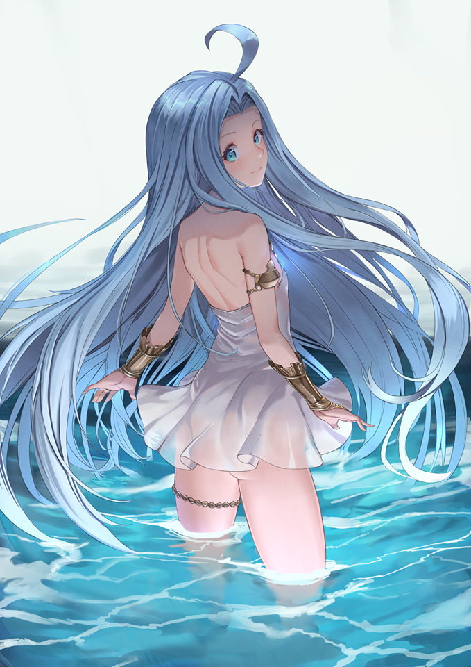 1girl ahoge armlet ass back bare_shoulders blue_eyes blue_hair blush bracer closed_mouth dress granblue_fantasy long_hair looking_at_viewer looking_back lyria_(granblue_fantasy) rubellent see-through shoulder_blades smile solo standing thighlet very_long_hair wading water white_dress