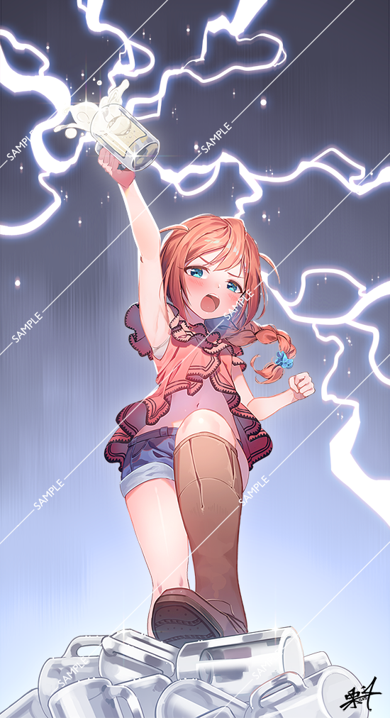 1girl arm_up baba_konomi bare_arms bare_shoulders beer_mug blue_eyes blue_scrunchie blue_shorts blush boots braid brown_footwear brown_hair brown_shirt commentary_request cup hair_ornament hair_scrunchie holding holding_cup idolmaster idolmaster_million_live! knee_boots kuri_choko lightning long_hair open_mouth sample scrunchie shirt short_shorts shorts signature single_braid sleeveless sleeveless_shirt solo two_side_up