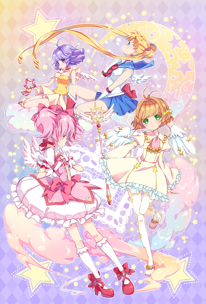 4girls angel_wings ankle_bow argyle argyle_background back_bow bishoujo_senshi_sailor_moon blonde_hair blue_sailor_collar blue_skirt bow brown_hair bubble_skirt cardcaptor_sakura choker circlet creamy_mami crescent double_bun dress earrings elbow_gloves expressionless frills gloves green_eyes hair_bow hair_intakes hair_ornament holding holding_wand hoshi_no_tsue inma jewelry kaname_madoka kinomoto_sakura kneehighs long_hair looking_at_viewer magical_girl mahou_no_tenshi_creamy_mami mahou_shoujo_madoka_magica mary_janes morisawa_yuu multicolored multicolored_background multiple_girls pantyhose pink_bow pink_hair pleated_skirt profile puffy_sleeves purple_hair red_bow red_footwear red_neckwear ribbon_choker sailor_collar sailor_moon sailor_senshi_uniform shoes short_hair skirt standing standing_on_one_leg star star_hair_ornament star_in_eye symbol_in_eye tsukino_usagi twintails violet_eyes wand white_dress white_gloves white_legwear white_skirt white_wings wings