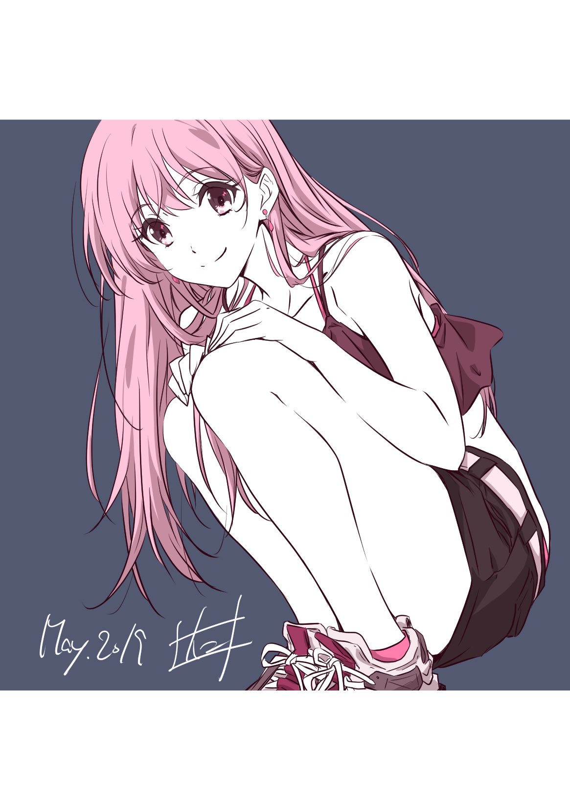 1girl 2019 belt black_shorts closed_mouth collarbone earrings eyebrows_visible_through_hair hair_between_eyes hands_on_own_knees highres jewelry long_hair looking_at_viewer nii_manabu original pink_eyes pink_hair pink_legwear shoes short_shorts shorts signature sleeveless smile sneakers socks solo squatting white_belt