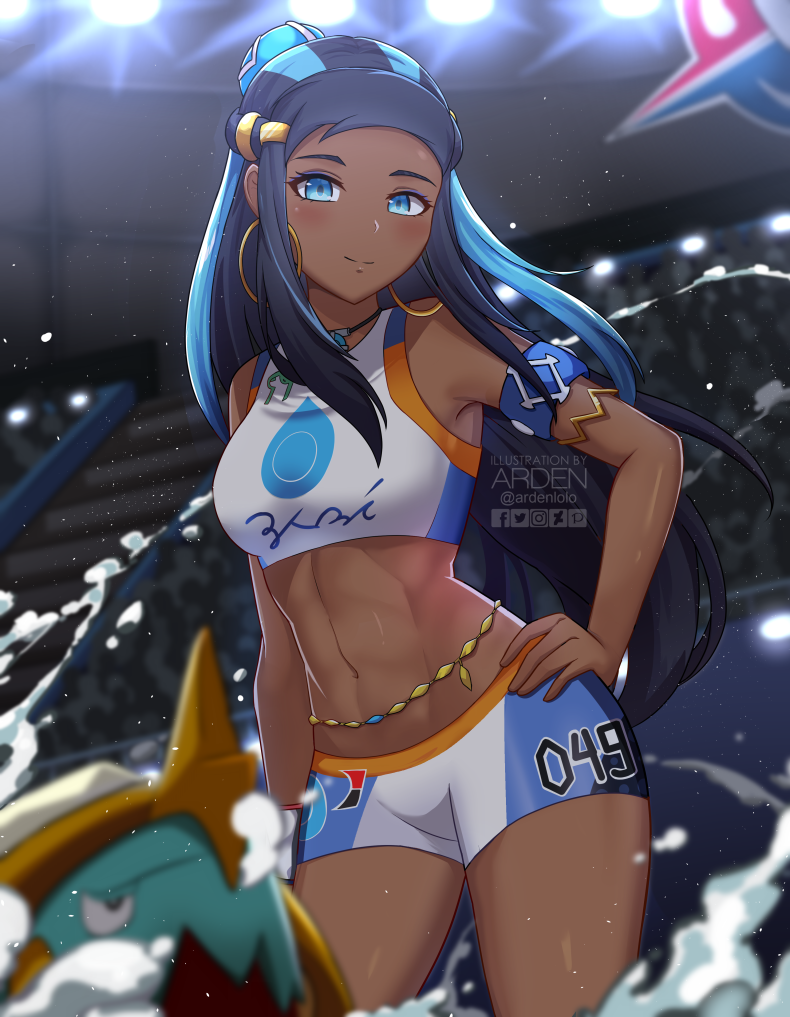 1girl abs ardenlolo armband artist_name bare_shoulders black_hair blue_eyes blue_hair blurry breasts crop_top dark_skin depth_of_field drednaw earrings hair_ornament hand_on_hip hoop_earrings jewelry light_particles long_hair looking_at_viewer medium_breasts midriff multicolored_hair navel pokemon pokemon_(creature) pokemon_(game) pokemon_swsh rurina_(pokemon) sidelocks smile solo_focus standing stomach thighs two-tone_hair very_long_hair water