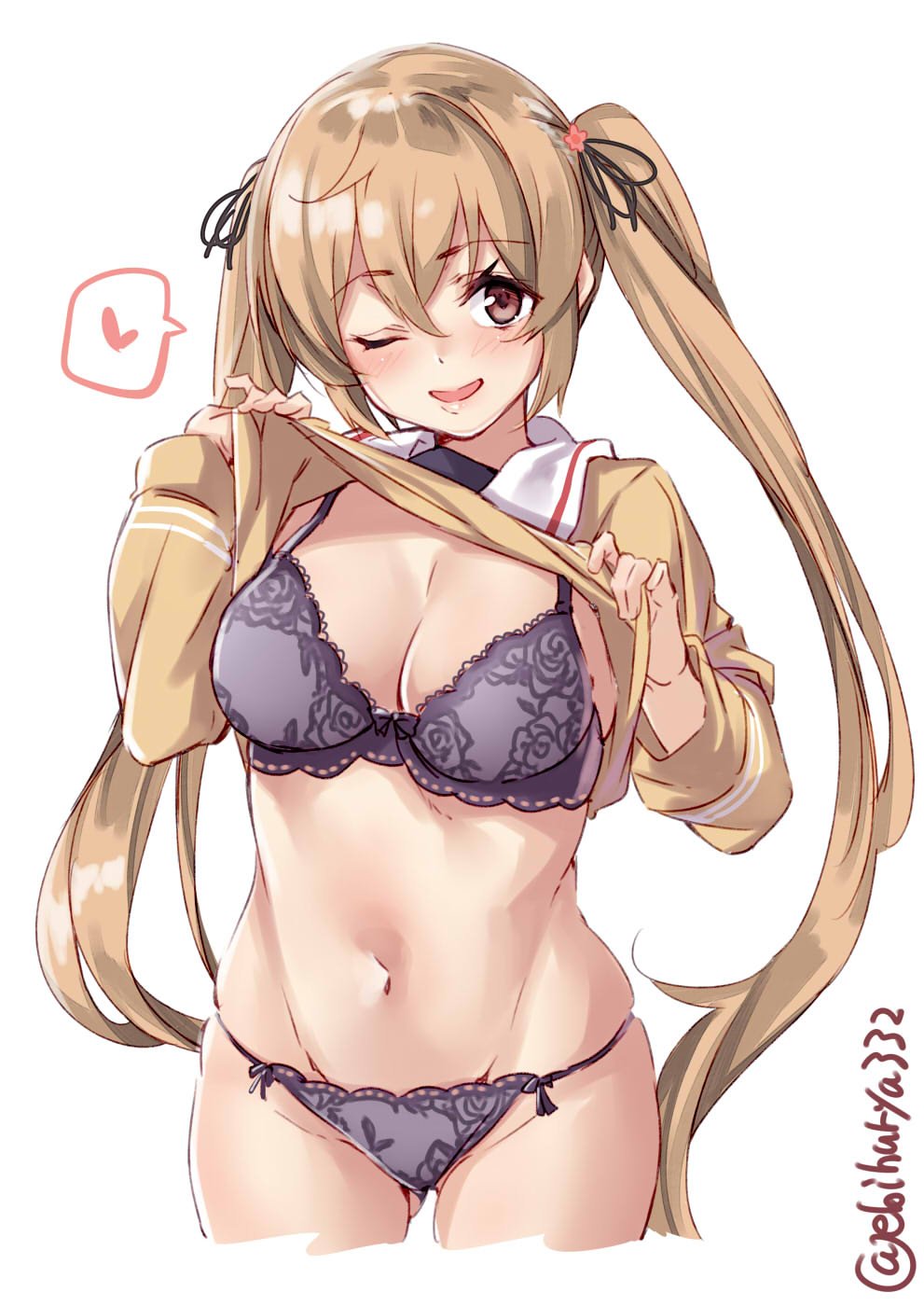 1girl black_bra black_panties black_ribbon bra breasts commentary_request cowboy_shot cropped_legs ebifurya floral_print gradient_hair groin hair_flaps hair_ribbon head_tilt heart highres kantai_collection large_breasts lifted_by_self light_brown_hair lips long_hair long_sleeves looking_at_viewer multicolored_hair murasame_(kantai_collection) navel one_eye_closed open_mouth panties ribbon rose_print sailor_collar school_uniform serafuku solo spoken_heart stomach twitter_username two_side_up underwear very_long_hair white_background
