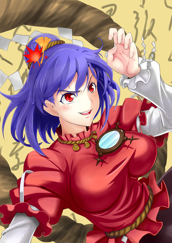 1girl blush bouncing_breasts breasts brown_background chaos_hobbit commentary_request hair_bun hair_leaf large_breasts leaf maple_leaf mirror purple_hair red_eyes red_shirt rope shide shimenawa shirt short_hair smile solo touhou upper_body white_sleeves yasaka_kanako