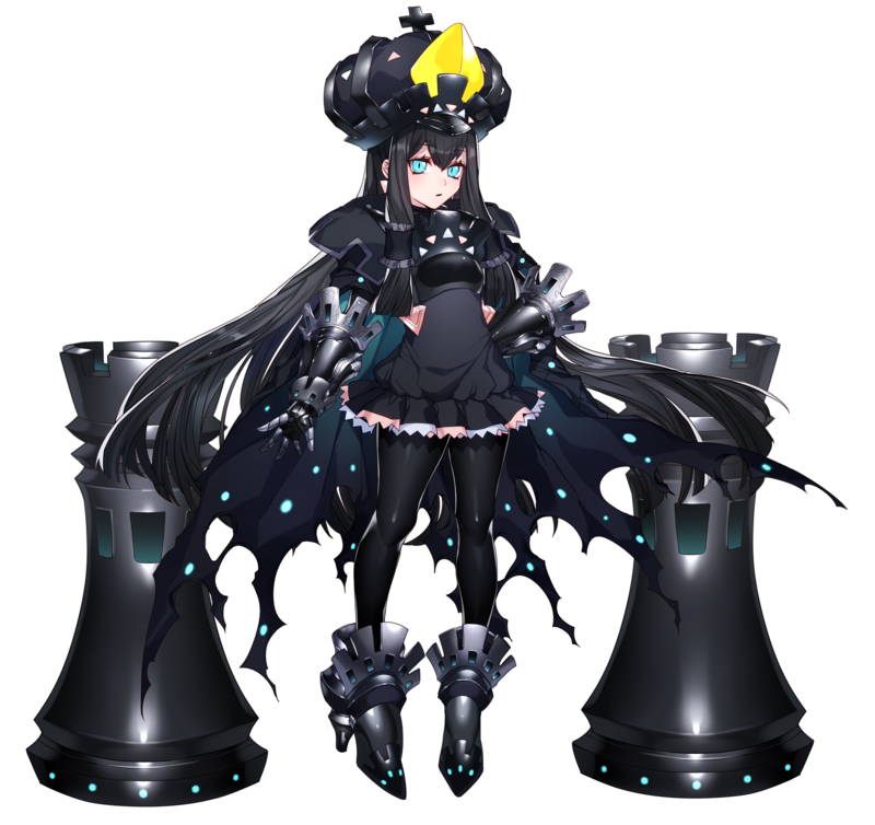 1girl armored_boots black_dress black_gloves black_hair black_legwear boots cape check_character chess_piece crown dress full_body gauntlets gloves hair_between_eyes hair_tubes hand_on_hip high_heels katagiri_hachigou light_blue_eyes long_hair looking_at_viewer necrozma pantyhose personification pokemon pokemon_(game) pokemon_sm slit_pupils solo torn_cape torn_clothes white_background