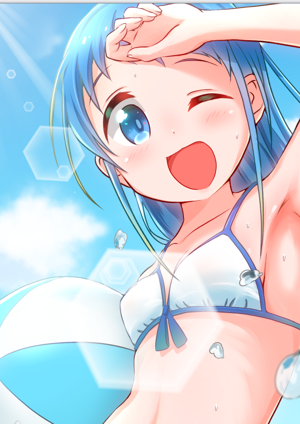 1girl alternate_costume ball bangs bikini_top blue_eyes blue_hair blush breasts clouds cloudy_sky collarbone commentary hand_on_forehead holding holding_ball kantai_collection light_rays one_eye_closed open_mouth outdoors samidare_(kantai_collection) sidelocks sky small_breasts smile solo swept_bangs upper_body white_bikini_top yokoshima_(euphoria)