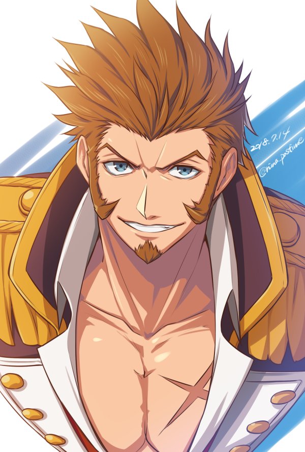 1boy beard blue_eyes brown_hair chest commentary_request epaulettes facial_hair fate/grand_order fate_(series) looking_at_viewer male_focus military military_uniform napoleon_bonaparte_(fate/grand_order) nina_(pastime) open_clothes pectorals scar simple_background smile solo teeth uniform upper_body