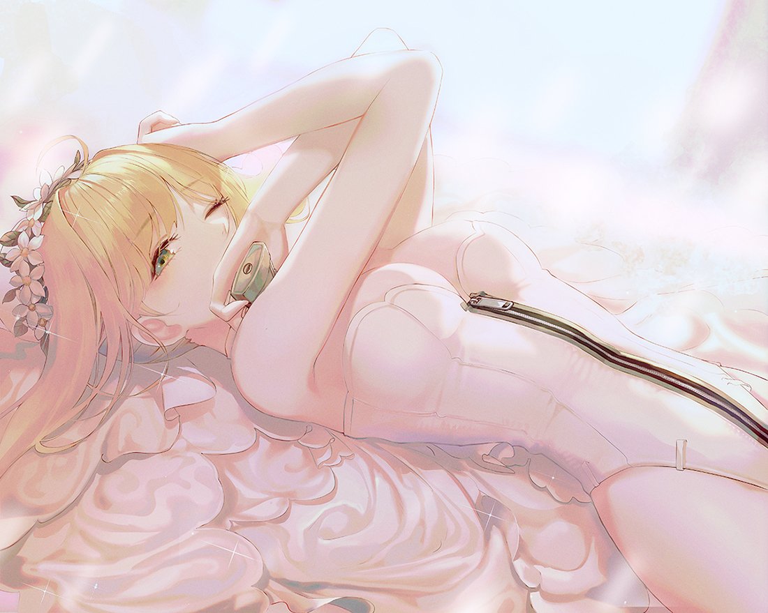 1girl artoria_pendragon_(all) bangs blonde_hair breasts bride commentary costume english_commentary eyebrows_visible_through_hair fate/grand_order fate/stay_night fate_(series) flower green_eyes holding long_hair looking_at_viewer lying medium_breasts one_eye_closed saber saber_bride saber_extra seol simple_background upper_body zipper