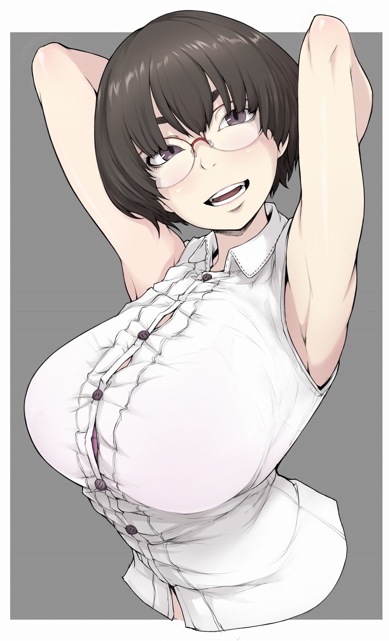 1girl armpits arms_up black_hair bra bra_peek bra_through_clothes breasts commentary_request glasses grey_eyes highres huge_breasts ina_(gokihoihoi) open_mouth original purple_bra see-through shirt short_hair sleeveless sleeveless_shirt smile solo underwear upper_body