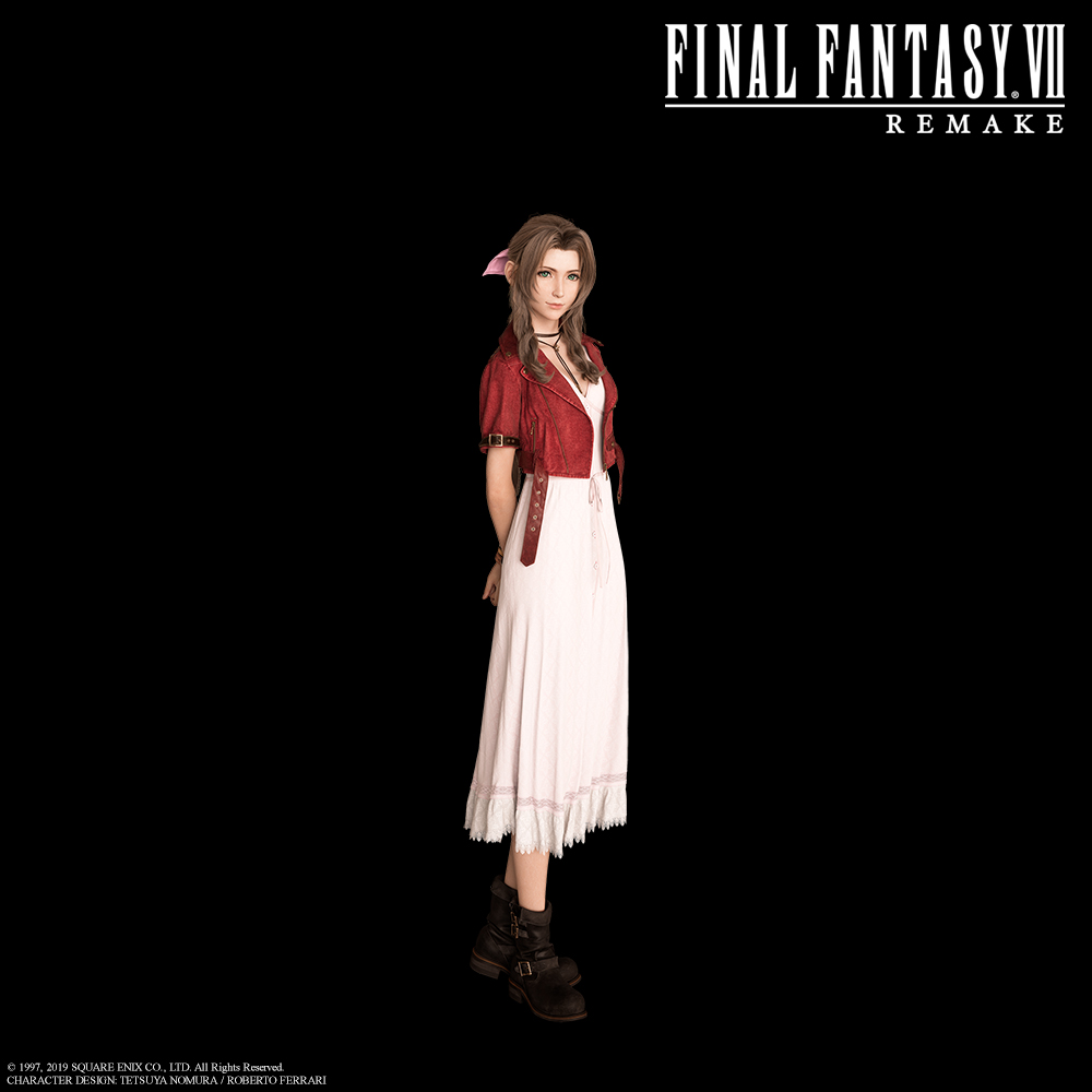 1girl 3d aerith_gainsborough arms_behind_back black_background black_footwear bow brown_hair cg closed_mouth copyright copyright_name cropped_jacket dress female final_fantasy final_fantasy_vii final_fantasy_vii_remake full_body hair_bow jacket neck_ribbon official_art pink_dress red_jacket ribbon simple_background smile solo square_enix standing
