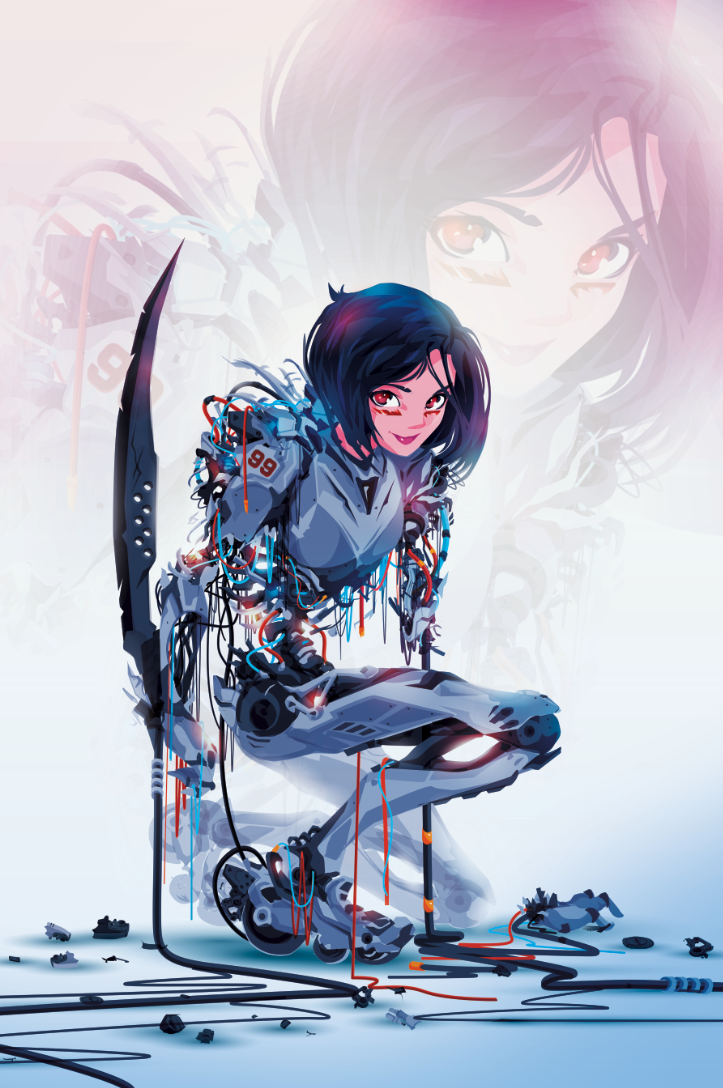 1girl alita:_battle_angel amputee arm_blade black_hair broken cable commentary cyborg english_commentary facepaint full_body gally gunnm inline_skates justin_currie_(chasingartwork) lips looking_at_viewer one_knee red_eyes roller_skates short_hair skates smile solo weapon zoom_layer