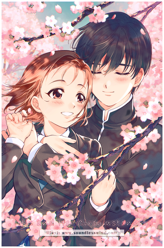 1boy 1girl arima_souichirou black_hair blush brown_hair cherry_blossoms closed_eyes closed_mouth commentary_request copyright_name couple flower gakuran hetero hug hug_from_behind kareshi_kanojo_no_jijou kaze-hime long_sleeves looking_at_another miyazawa_yukino pink_flower red_eyes school_uniform short_hair smile tree_branch upper_body watermark web_address wind