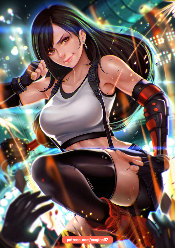 1girl arm_guards armpits bike_shorts black_skirt blurry blurry_background brown_eyes clenched_hand earrings elbow_gloves fighting_stance final_fantasy final_fantasy_vii final_fantasy_vii_remake fingerless_gloves gloves jewelry knee_up lens_flare long_hair looking_at_viewer low-tied_long_hair magion02 midriff miniskirt red_footwear shirt shorts shorts_under_skirt skirt smile solo suspender_skirt suspenders sweat tank_top taut_clothes taut_shirt thigh-highs tifa_lockhart