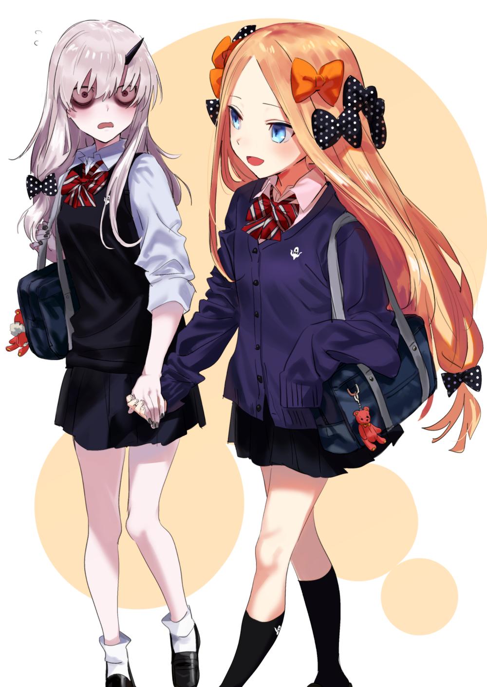 2girls abigail_williams_(fate/grand_order) bag bags_under_eyes bangs black_bow blonde_hair blue_eyes bow cardigan fate/grand_order fate_(series) highres holding_hands horn lavinia_whateley_(fate/grand_order) long_hair multiple_girls open_mouth orange_bow parted_bangs pleated_skirt polka_dot polka_dot_bow purple_bow school_bag school_uniform skirt sleeves_rolled_up very_long_hair yomosaka