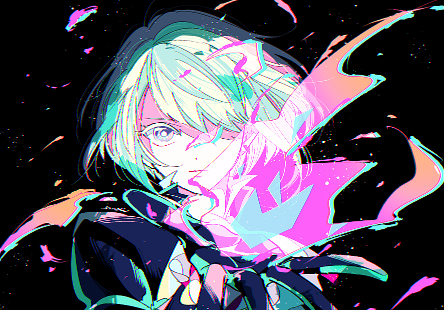 1boy black_jacket cravat fire frills gloves green_hair imai_(wana) jacket jewelry lio_fotia looking_at_viewer male_focus open_palm promare solo violet_eyes